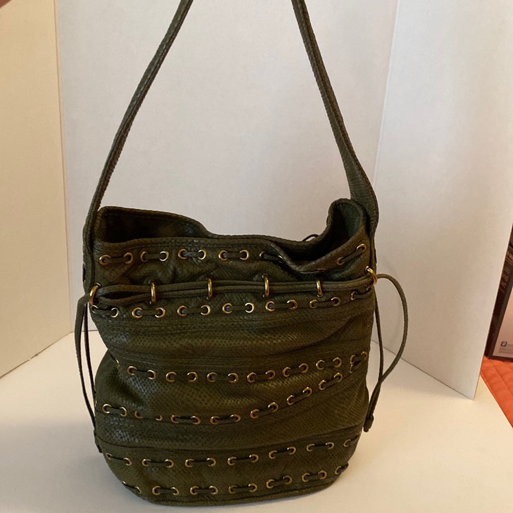 Kooba Army green grommeted cinch and button closure- purple interior.